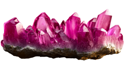Vibrant pink crystal formation on matrix, cut out transparent