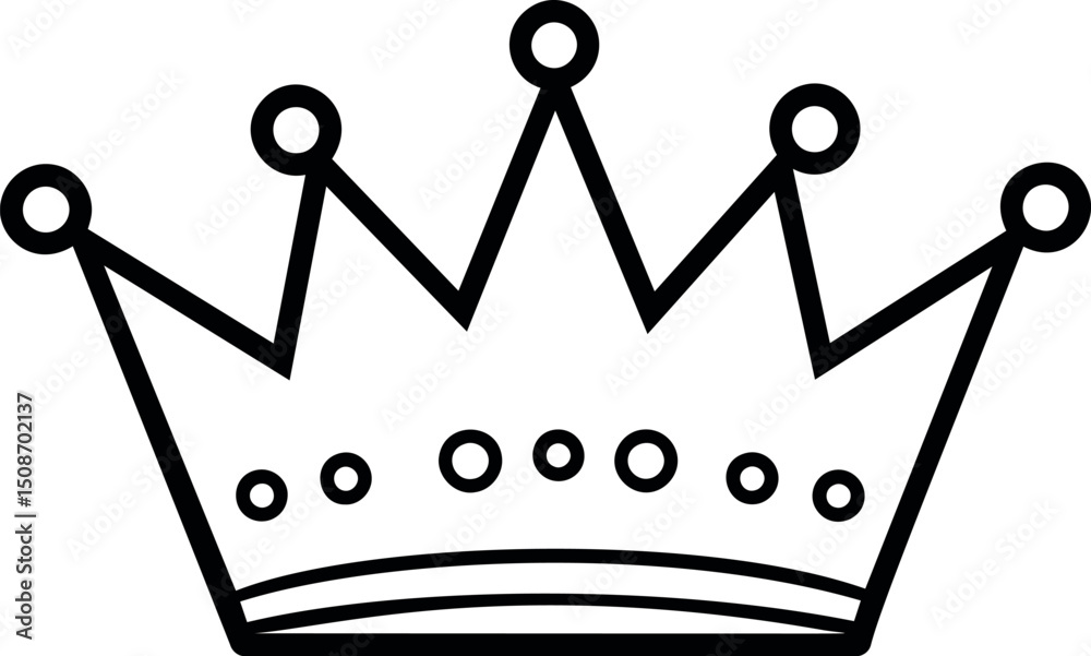 Poster simple line drawing of a crown with circles on its tips, black and white outline. vector illustratio