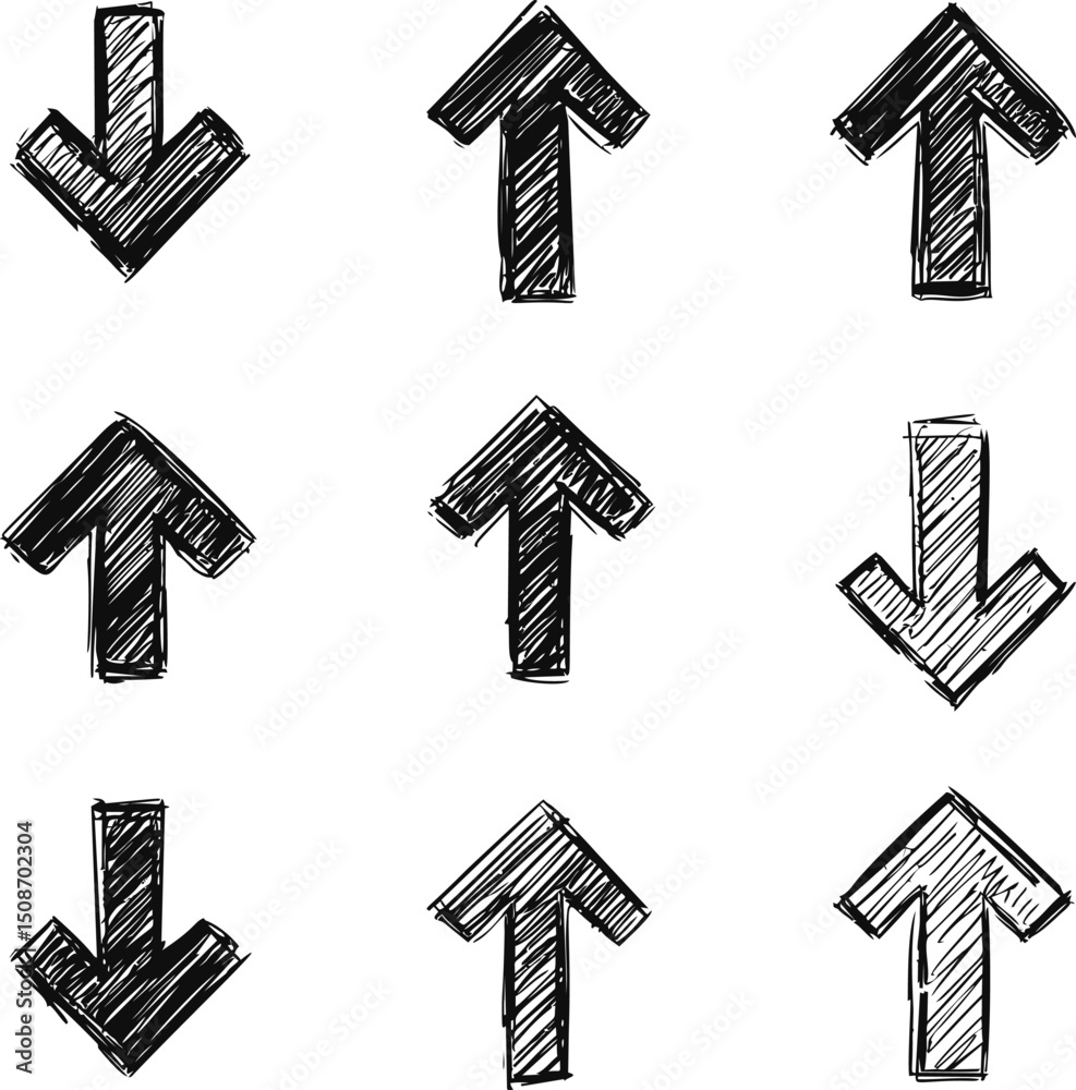 Poster sketchy black arrows pointing in different directions. vector illustration
