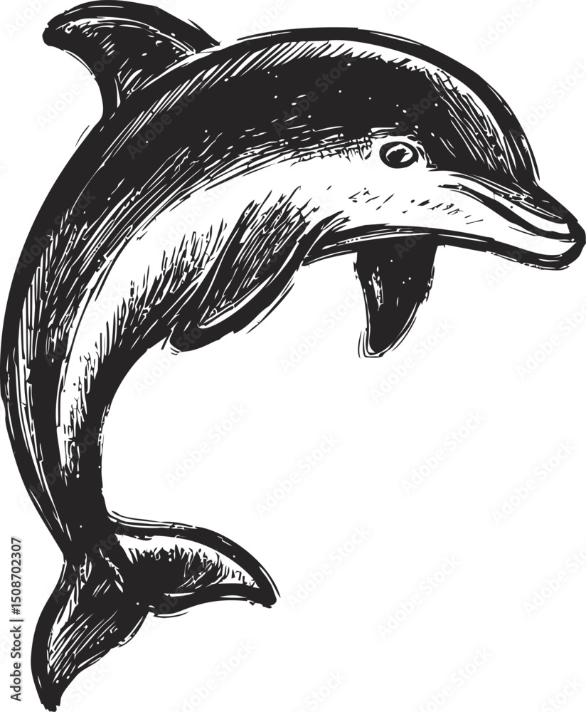 Poster black and white line drawing of a dolphin sketch with artistic texture. vector illustration