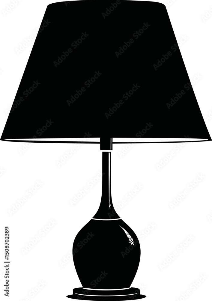 Poster silhouette of a classic table lamp with a dark lampshade, black and white vector. vector illustratio