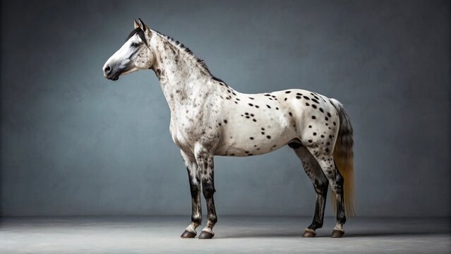 A majestic Appaloosa horse, likely a stallion, stands in a full body profile against a smooth grey studio background, showcasing its unique spotted coat pattern