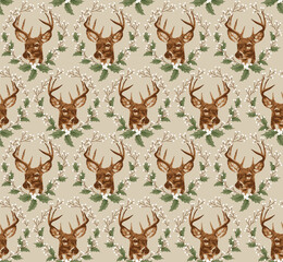 Seamless Christmas Deer With Holly Leave For Gift Wrap And Fabric Print