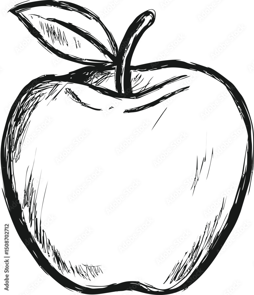 Poster black and white sketch of a single apple with leaf in minimalist style. vector illustration