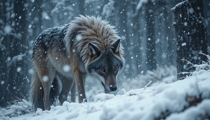 Wild gray wolves and domestic dogs with fur navigate the snowy winter forest, embodying the beauty of nature's canine predators
