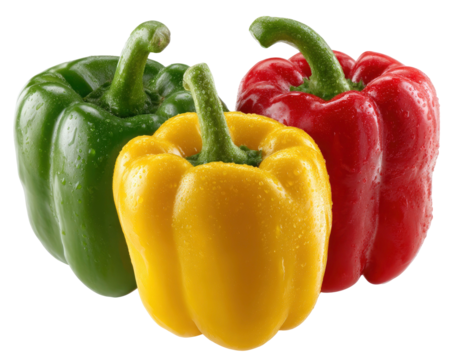 Fresh colorful bell peppers with water droplets on transparent background