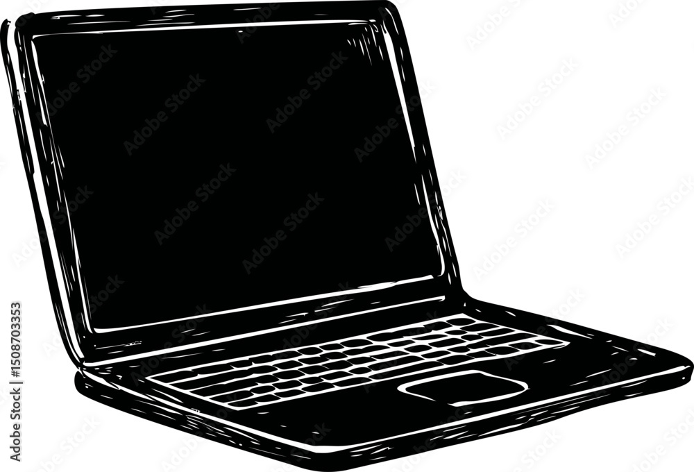Poster black and white sketch of an open laptop computer isolated. vector illustration