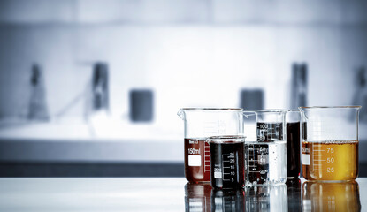 Laboratory Glassware with Test Tubes – Medical Office Background. Laboratory copy space for illustrating diagnostics, research, lab testing, or pharmaceutical themes.