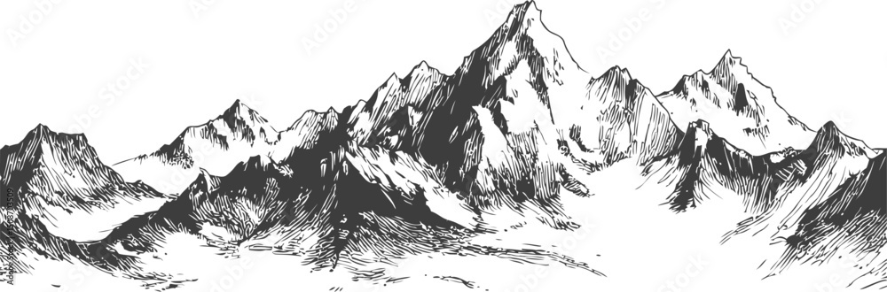 Aufkleber monochrome sketch of a mountain range with jagged peaks and detailed shading. vector illustration