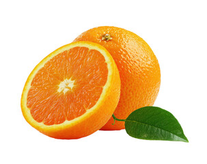 Fresh Orange Fruit with Half Slice and Leaf on Transparent Background