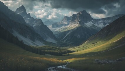 Fototapeta premium Picturesque Landscape. Wild Places Traveling. Scenic Mountain Views. Summer Nature. Moody Wallpapers. With Empty Copy Space for Text