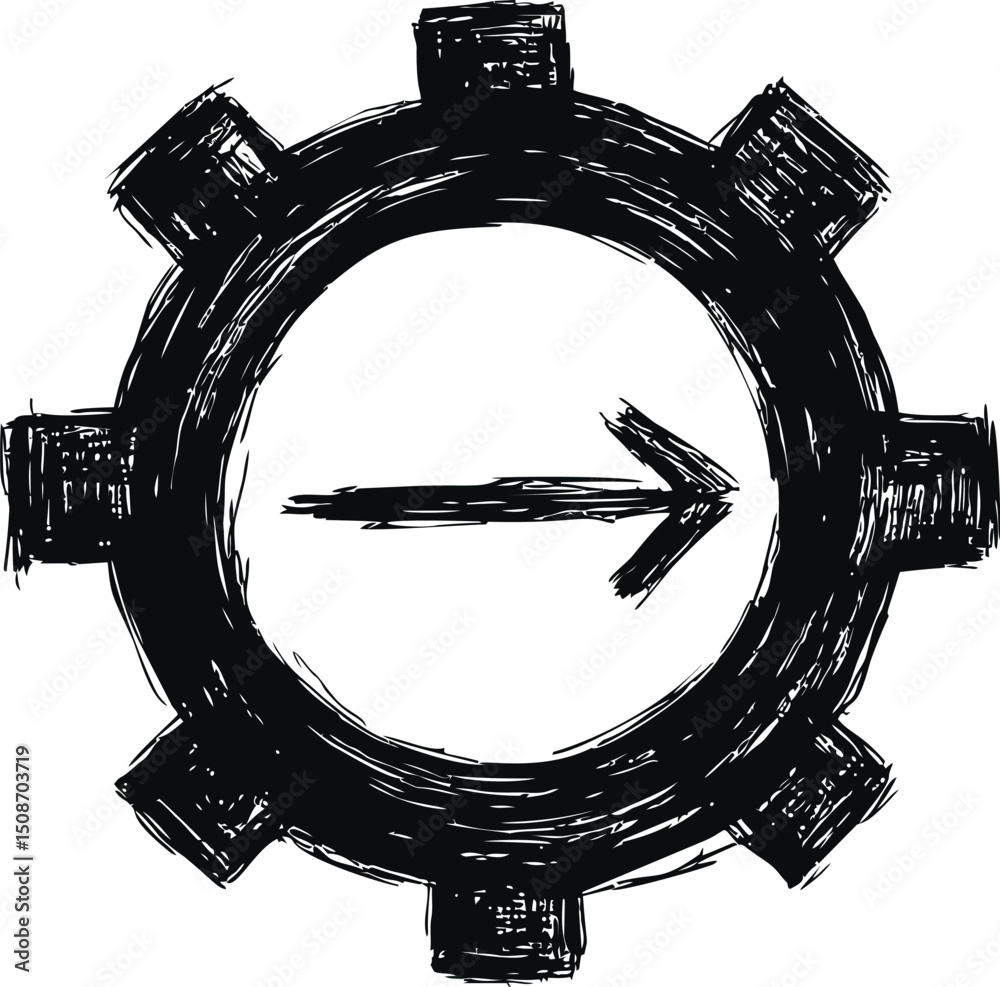 Aufkleber black sketch of a gear with an arrow pointing right, symbolizing progress. vector illustration