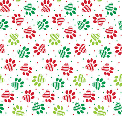 Seamless Christmas Animal Paws On White Background For Gift Wrap, Paper And Fabric Print