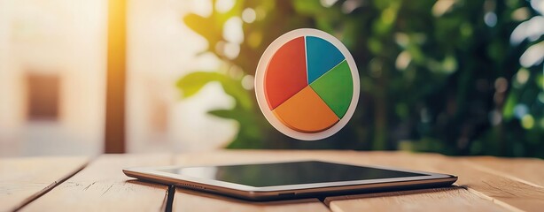 close up business tablet analytics with digital pie chart displayed midair via AR effect, lowkey lighting with ambient contrast and sharp tablet interface