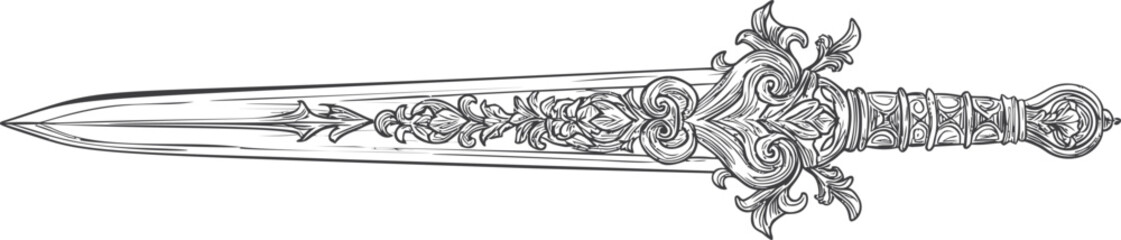 Fototapeta premium Intricately designed sword with floral patterns on blade and hilt illustration. Vector illustration