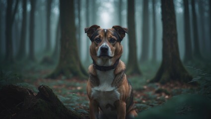 A vertical shot of an adorable mixed breed dog in a forest with tall trees