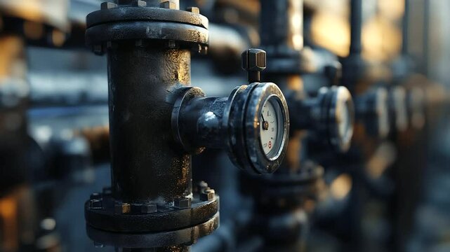 Detailed close-up of intertwined pipes, valves, gauges making up complex production system on sunny afternoon