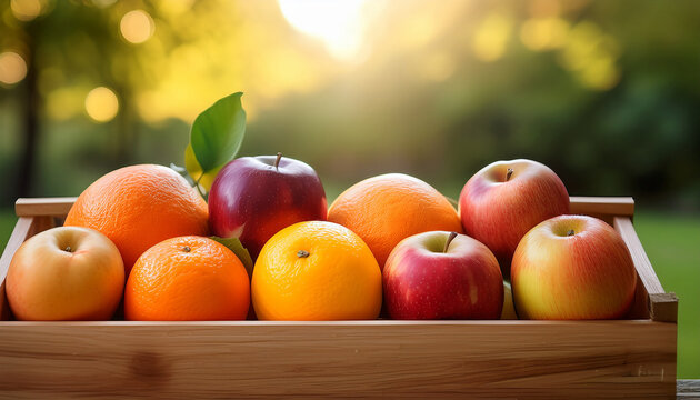 in a wooden box with a blurred green background red fruits rich in lycopene like apples are on the left while yellow fruits high in carotenoids like oranges grace the right side in a vibrant display