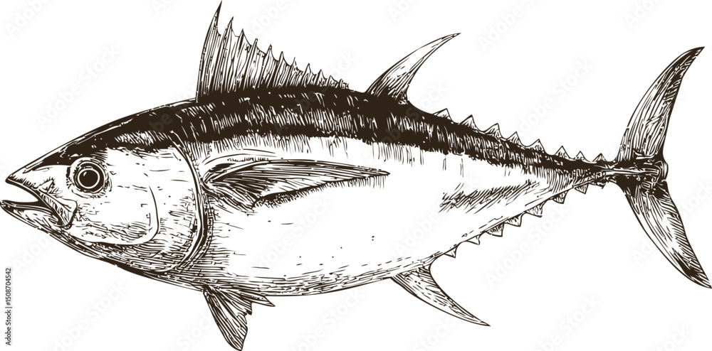 Poster sketch of a detailed tuna fish with sharp fins in a realistic style. vector illustration