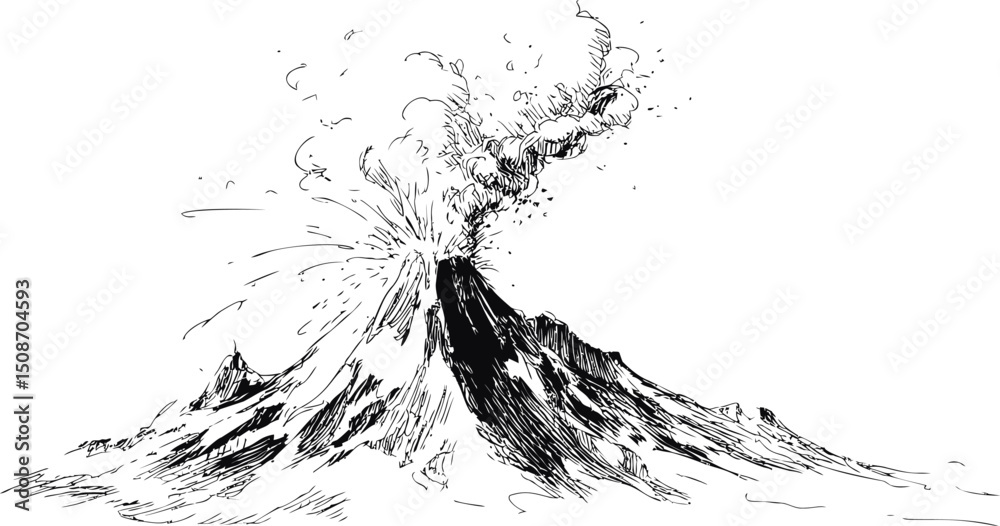 Poster erupting volcano sketch with ash clouds and lava flowing in black and white. vector illustration