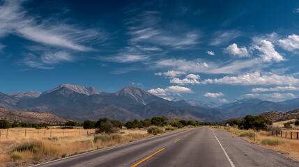Naklejka premium 산과 하늘이 어우러진 시골 도로 풍경 AI 생성