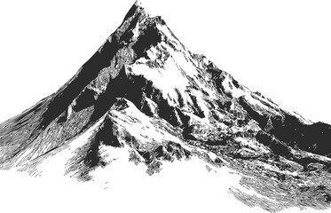 Black and white illustration of a majestic snowy mountain peak sketch. Vector illustration