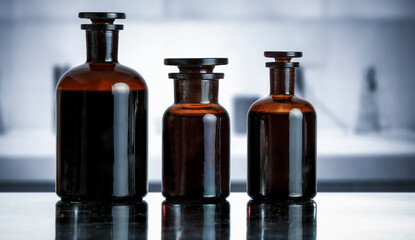 Medicine Bottles on Table – Doctor’s Office in Background. Medical consultation room and...