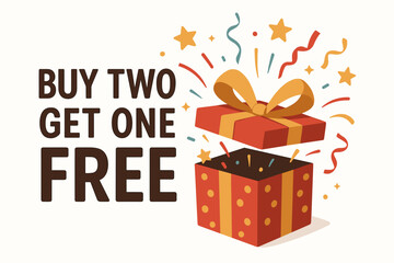 Buy Two Get One Free sale vector illustration. Exploding red gift box with confetti and stars, perfect for BOGO promotions, retail advertising banners, discount offers, and marketing graphics.