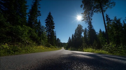 Obraz premium 숲속에 감싸인 고요한 도로 풍경 AI 생성