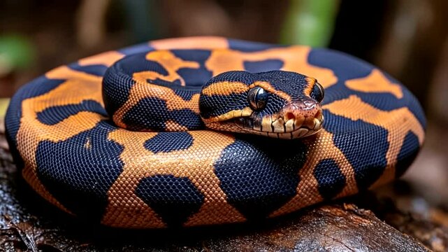 Close-up of a coiled snake with vibrant orange and black patterns