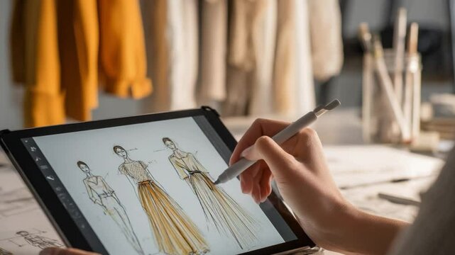 Fashion Designer Working on Digital Illustrations of Stylish Dress Designs in a Creative Studio Environment