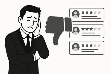 Unhappy businessman stressed by negative customer reviews, poor ratings, and thumbs down dislike symbol representing bad feedback, online reputation issues, and service failure.