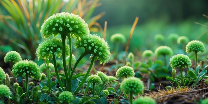 Close-up of green Borreria in nature with a natural backdrop. Green weeds in the environment, featuring available space for text.