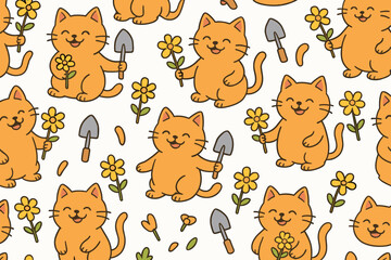 Whimsical cartoon cat seamless pattern with happy orange kittens gardening, holding yellow flowers and shovels. Cute hand-drawn vector background for kids, fabric, or wrapping paper.
