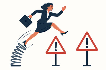 Ambitious businesswoman propelled by a spring, leaping over hazard warning signs representing overcoming business obstacles, risk taking, achieving goals, and career advancement vector illustration.