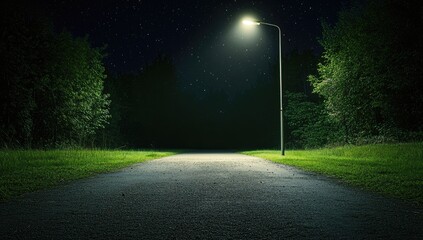 Obraz premium Photo of an empty road at night, with one street lamp on the right side, grass on both sides and in the background, a dark sky
