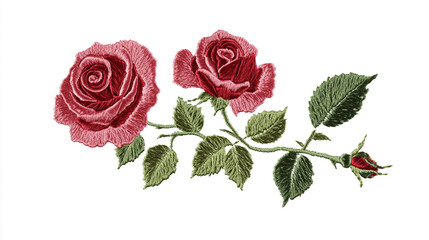 High-quality red rose embroidery design on a white background, showcasing intricate stitching and fine craftsmanship