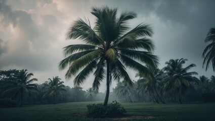 Fototapeta premium A small coconut tree looks very beautiful in a lush green landscape with additional coconut trees under cloudy skies.