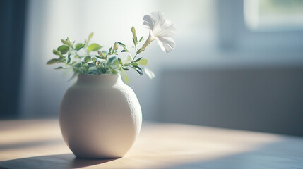 Closeup of cozy vase with petunia flowers, summer vibes