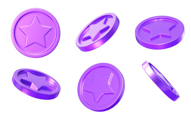 3D set purple star coins with different angles. Stock vector illustration on isolated background.