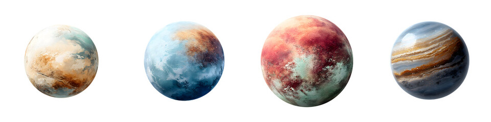 Colorful planetary designs featuring various textures and shades in an otherworldly theme. Great for educational art, science projects, and space-related visuals.