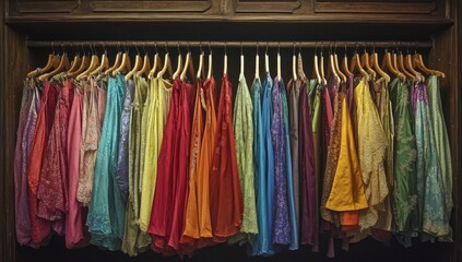 A rack of colorful vintage in an old-fashioned dress shop, with hanging on wooden hangers and various colors such as reds, blues, greens, yellows, pinks, and purples.