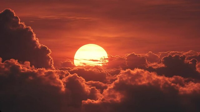 Fiery red sunset with the glowing sun half submerged behind dramatic dark clouds in a vivid sky filled with warm atmospheric tones