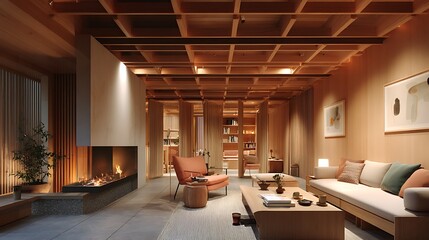 Obraz premium 일본식 모던 우드 스타일 거실 인테리어 AI 생성