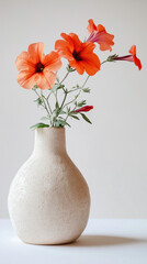 Closeup of cozy vase with petunia flowers, summer vibes