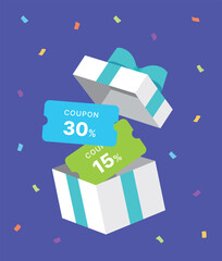 Festive gift box with blue ribbon revealing discount coupons inside. Colorful confetti background enhances the celebration vibe. Ideal for promotions, sales, and special offers.