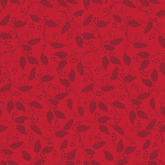 Seamless Christmas Holly Leaves With Swirls On Red Background For Gift Wrap And Fabric Print