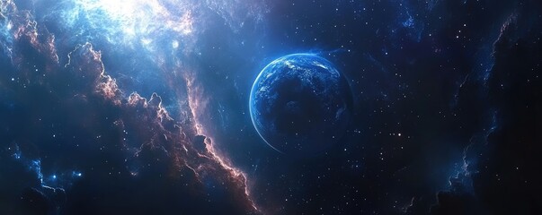 A realistic photograph of the Earth floating in space, with a dark blue background, stars, and a nebula.