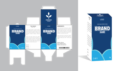 Modern product packaging design with branding, logo placement, and informative layout on a box template.	