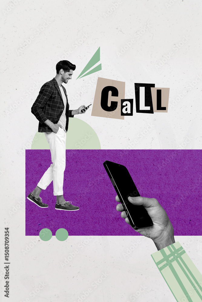 Aufkleber creative art collage of person stand use cellphone near phrase call with telephone on grey backgroun